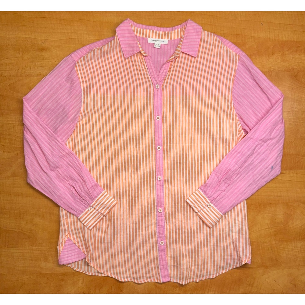 Beachlunchlounge Pink Orange Striped Button Down Shirt Small Colorblock Cotton